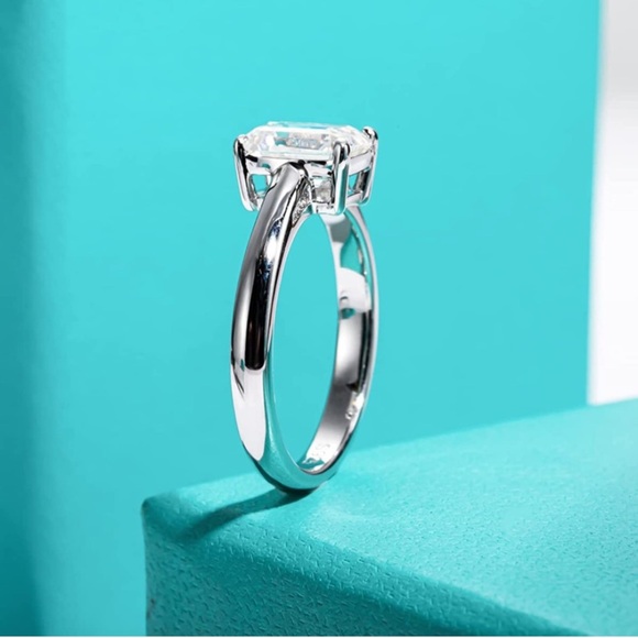 18k 2 cttw Emerald Cut Princess Moissanite Diamond Solitaire Ring - Picture 3 of 8